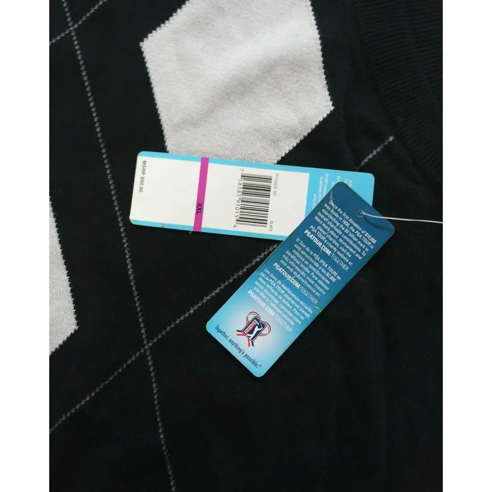 PGA TOUR Argyle Sweater Vest XXL NWT Black White 100% Cotton Golf V-Neck